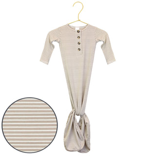 Lou Lou and Company Knotted Gown - Banks
Striped baby onesie on a hanger with close-up of fabric texture.