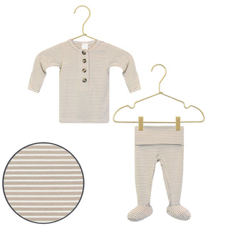 Lou Lou and Company Top and Bottoms - Banks
Striped baby shirt and pants on hangers with close-up of fabric texture.