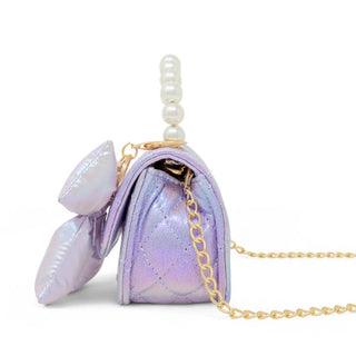 Zomi Gems Shiny Quilted Fluffy Bow Handbag - Purple
Lavender handbag with gold chain and white pearls on a white background