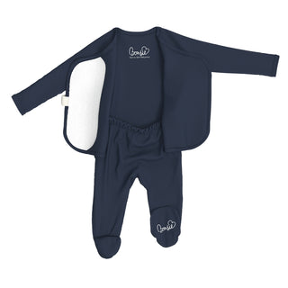 Bonsie Footie - Midnight Blue
Navy baby outfit with long-sleeve top and footed pants on a white background