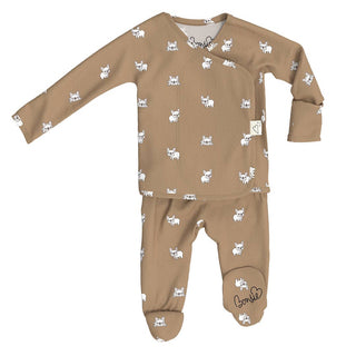 Bonsie Footie - FrenchieBrown baby onesie with white animal pattern on a white background
