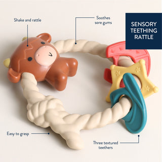 Itzy Ritzy Rattle Teether - Highland Cow Sensory teething rattle with features labeled on a light gray background