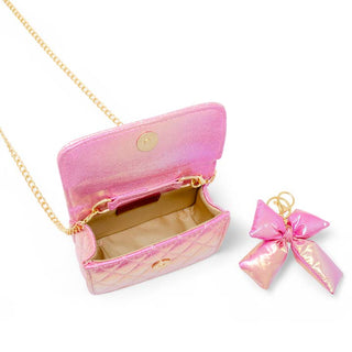 Zomi Gems Shiny Quilted Fluffy Bow Handbag - Hot Pink
Pink handbag with gold chain and matching pink bow keychain on a white background