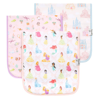 Copper Pearl Disney Princess Premium Burp Cloth Set
Set of three baby blankets with princess designs on a white background