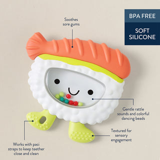 Itzy Ritzy Sweetie Shake Plus Teething + Rattle Toy - Sushi Sushi-themed teething toy with text describing its features on a beige background