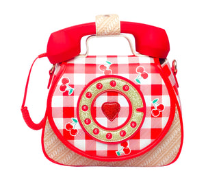 Ring Ring Phone Convertible Handbag - Cherry Red and white checkered handbag with a phone design on a pink background