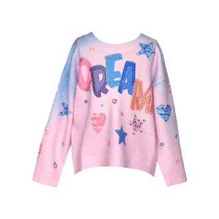 Baby Sara Dream Print Long Sleeve Sweater with Rhinestone Detail
Pink sweater with colorful text and patterns on a white background