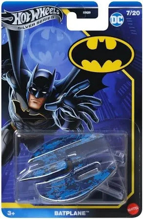 Batplane Mattel Hot Wheels Batman Theme Collector Diecast - Silver Series Hot Wheels Batman Batplane toy on blue and yellow packaging with DC logo
