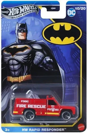 HW Rapid Responder Mattel Hot Wheels Batman Theme Collector Diecast - Silver Series Hot Wheels Batman figure with a fire rescue vehicle on a blue and yellow Hot Wheels card.