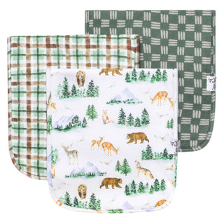 Copper Pearl Grayson Burp Cloth Set
Set of three baby blankets with plaid, forest-themed, and checkered patterns on a white background.