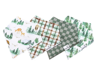 Copper Pearl Grayson Bandana Bib Set
Set of four fabric swatches with nature-themed patterns on a white background