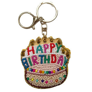 Happy Birthday Keychain / Bag Charm Beaded keychain shaped like a birthday cake with 'Happy Birthday' text on a white background