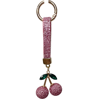 Rhinestone Bag Charm / Keychain - Cherry
 Keychain with pink cherries and rhinestone ribbon on a white background