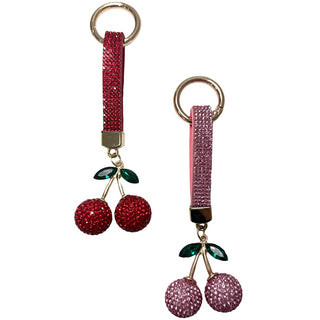 Rhinestone Bag Charm / Keychain - Cherry
 Two cherry-themed keychains with rhinestone accents on a white background