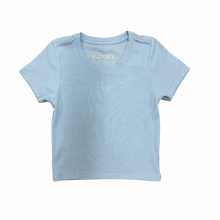 KatieJ NYC Tween Livi Ribbed Babydoll S/S Tee - Glacier Blue Light blue t-shirt with 'KATIE' branding on a white background