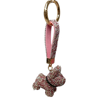 Pink AB  Rhinestone Bag Charm / Keychain - 3D Puppy Pink dog-shaped keychain with rhinestones on a white background