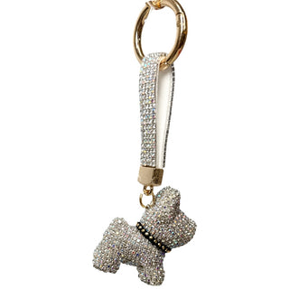 Clear AB  Rhinestone Bag Charm / Keychain - 3D Puppy Keychain shaped like a dog with rhinestone detailing on a white background