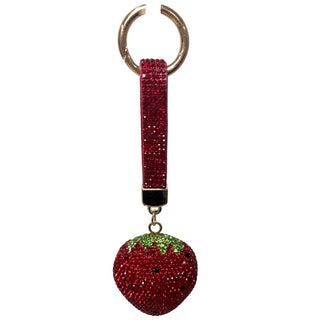 Red Strawberry Rhinestone Bag Charm / Keychain - Strawberry 
Keychain with strawberry-shaped charm and red glittery strap on a white background