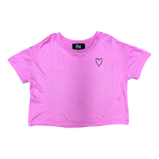 FBZ Black Heart on Pink Boxy Tee Pink crop top with a black heart design and 'flvr' branding on a white background