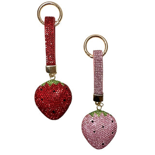 Rhinestone Bag Charm / Keychain - Strawberry 
Two strawberry-shaped keychains, one red and one pink, on a white background.