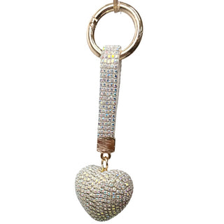 Rhinestone Bag Charm / Keychain - 3D Heart Heart-shaped keychain with rhinestone embellishments on a white background