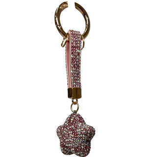 Pink and AB Rhinestone Bag Charm / Keychain - 3D Star Keychain with pink and silver star-shaped charm on a white background