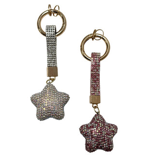 Rhinestone Bag Charm / Keychain - 3D Star Two star-shaped keychains with rhinestone embellishments on a white background