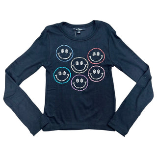 FBZ Rhinestone Smiley Face Black L/S Tee, Flowers By Zoe, cf-size-5, cf-size-6, cf-size-large-10-12, cf-size-medium-8-10, cf-type-shirts-&-tops, cf-vendor-flowers-by-zoe, FBZ, FBZ Hoodie, Flo
