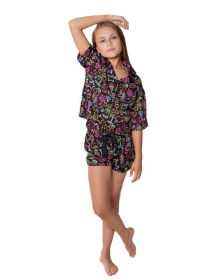 Sunshine Society Kids Silky Neon Girl Short Sleeve with Shorts Set