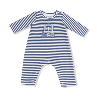 Angel Dear Cotton Jersey Snap Shoulder Romper - Lil Bro
Blue and white striped baby romper with text on a white background