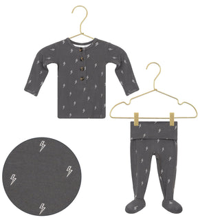 Lou Lou and Company Top and Bottoms - Everett
Children's dark gray outfit with lightning bolt pattern on hangers against a white background