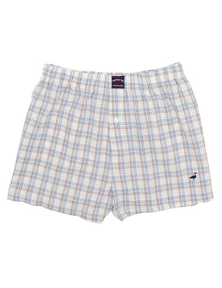 Properly Tied Traditional Boxer - Prairie Sky Plaid boxer shorts with a small logo on a white background