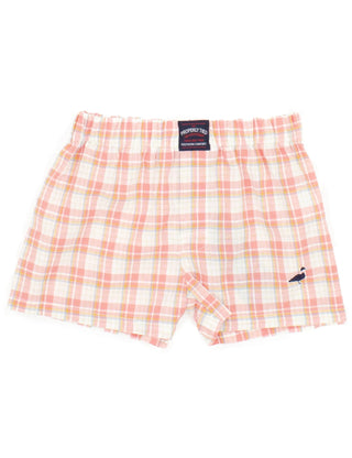 Properly Tied Traditional Boxer - Terra Cotta Plaid patterned boxer shorts with a brand label on a white background