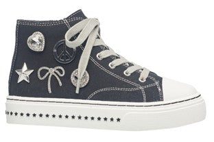 Steve Madden Kid's Mistee Black Sneaker Black high-top sneaker with decorative elements on a white background