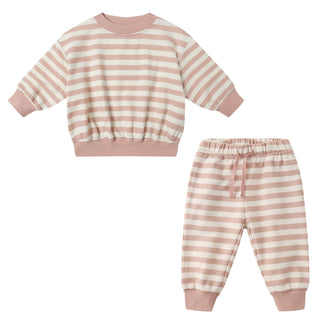 Quincy Mae Relaxed Sweatshirt & Relaxed Sweatpant Set - Pink Stripe
Pink and white striped children's sweatshirt and pants set on a white background
