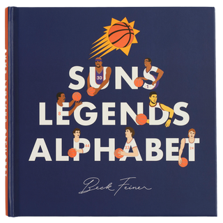 Suns Legends Alphabet Hardcover Book
Book titled 'Suns Legends Alphabet' with basketball-themed illustrations on a blue background