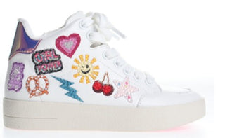 Steve Madden Kid's Tootsie White Sneaker White sneaker with colorful designs on a white background