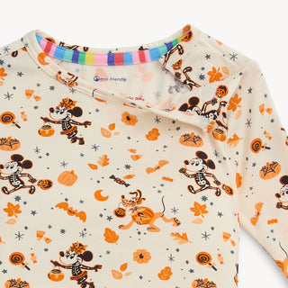 Magnetic Me Disney x Spooky Season Modal L/S Pajama Set 
Children's long-sleeve shirt with Halloween-themed design featuring cartoon characters on a white background.
