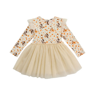 Magnetic Me Disney x Spooky Season Modal Dress W/ Tutu Skirt Children's dress with floral patterned top and beige tutu skirt on a white background