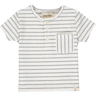 Me & Henry Grey & White Ribbed Stripe Dodger Henley S/S Shirt, Me & Henry, cf-size-4-5y, cf-type-tee, cf-vendor-me-&-henry, CM22, Henley Tee, JAN23, Me & Henry, Me & Henry Dodger Henley S/S S