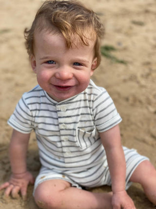 Me & Henry Grey & White Ribbed Stripe Camborne Henley Romper, Me & Henry, Boys Clothing, Infant Boy Clothing, JAN23, Me & Henry, Me & Henry Camborne Henley Romper, Me & Henry Grey & White Rib