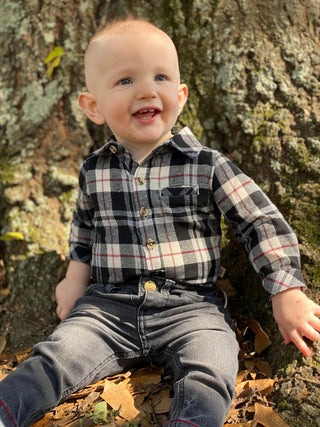 Me & Henry Black / Red / White Jasper Woven Plaid Onesie, Me & Henry, Boys Clothing, Infant Boy Clothing, JAN23, jolly holiday sale, Me & Henry, Me & Henry Black / Red / White Jasper, Me & He