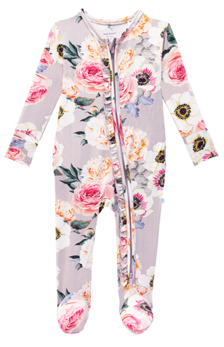 Posh Peanut French Gray Ruffled Zippered Footie, Posh Peanut, Footie with Zipper, Posh Custom Sale, Posh Peanut, Posh Peanut Floral Footie, Posh Peanut Footie, Posh Peanut Footie with Zipper,