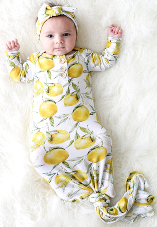 Posh Peanut Lemon Button Knotted Gown, Posh Peanut, Baby, Black Friday, Cyber Monday, Infant, Knotted Gown, Layette Gown, Lemon, Lemon Posh Peanut, Lemons, Posh PEanut, Posh Peanut Carolina F