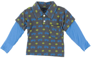 KicKee Pants Stone Tractor Print Long Sleeve Double Layer Polo, KicKee Pants, Boys, Boys Clothing, Boys Shirt, CM22, KicKee Pants, KicKee Pants Anniversary, KicKee Pants Anniversary Fall, Kic