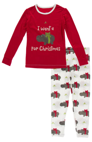 KicKee Pants Natural Christmas Hippo L/S Graphic Tee Pajama Set, KicKee Pants, 2pc Pajama Set, All Things Holiday, Bamboo Pajama, Bamboo Pajama Set, Bamboo Pajamas, Christmas, Christmas Pajam