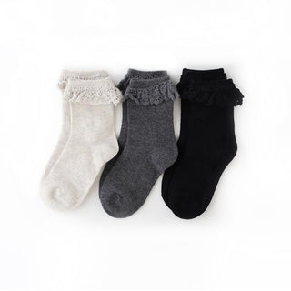 Little Stocking Co Lace Midi Sock Set (3 Pair) - Midnight, Little Stocking Co, cf-size-0-6-months, cf-size-1-5-3y, cf-size-4-6y, cf-size-6-18-months, cf-size-7-10y, cf-type-ruffle-socks, cf-v