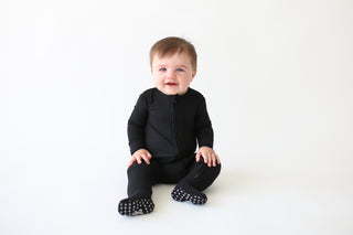 Posh Peanut Solid Ribbed Black Footie with Zipper, Posh Peanut, Posh Custom Sale, Posh Peanut, posh peanut fall 2020, Posh Peanut Footie, Posh Peanut Footie with Zipper, Posh PEanut Solid Foo