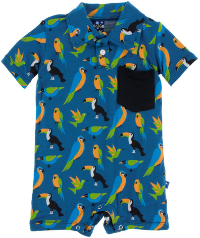 KicKee Pants Tropical Birds Polo Romper with Pocket, KicKee Pants, Birds, Brazil, CM22, KicKee, KicKee Brazil, KicKee Pants, KicKee Pants Brazil, KicKee Pants Polo Romper, KicKee Pants Tropic