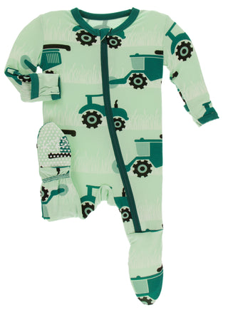 KicKee Pants Pistachio Tractors and Wheat Footie with Zipper, KicKee Pants, CM22, Footie with Zipper, KicKee, KicKee Pants, KicKee Pants Agriculture, KicKee Pants Footie, KicKee Pants Footie